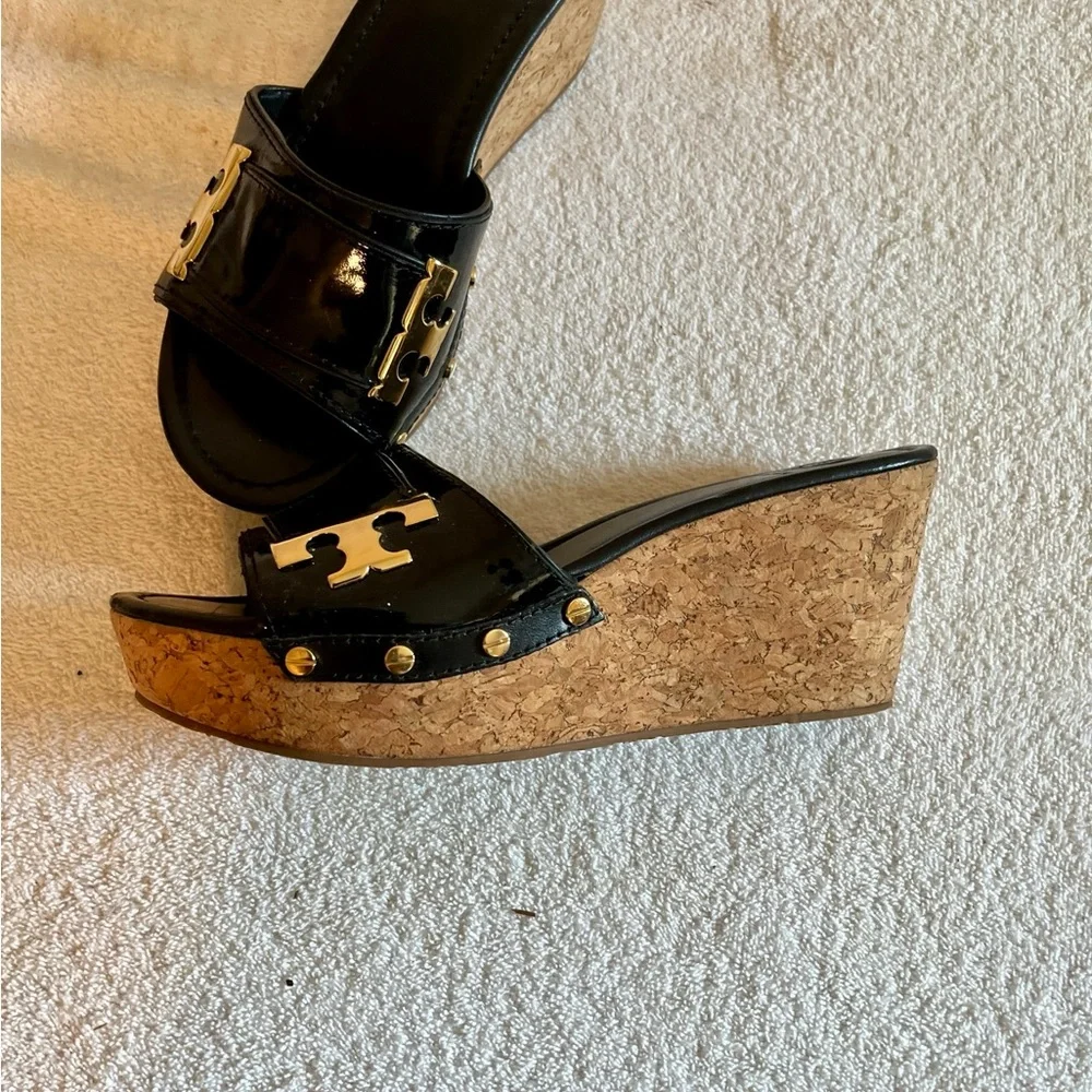 Tory Burch Black Patent Slide Mules with Gold Logo Accents